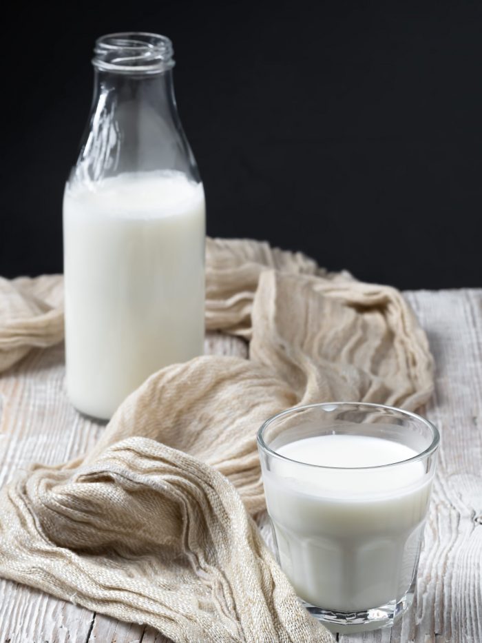 Glass With Milk Close-up On A Wooden Vintage Surface. Bottle Of